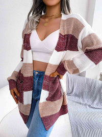 Striped Rib-Knit Open Front Longline Cardigan - Chic Innovations, LLC