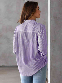 Striped Collared Neck Shirt with Pocket - Chic Innovations, LLC