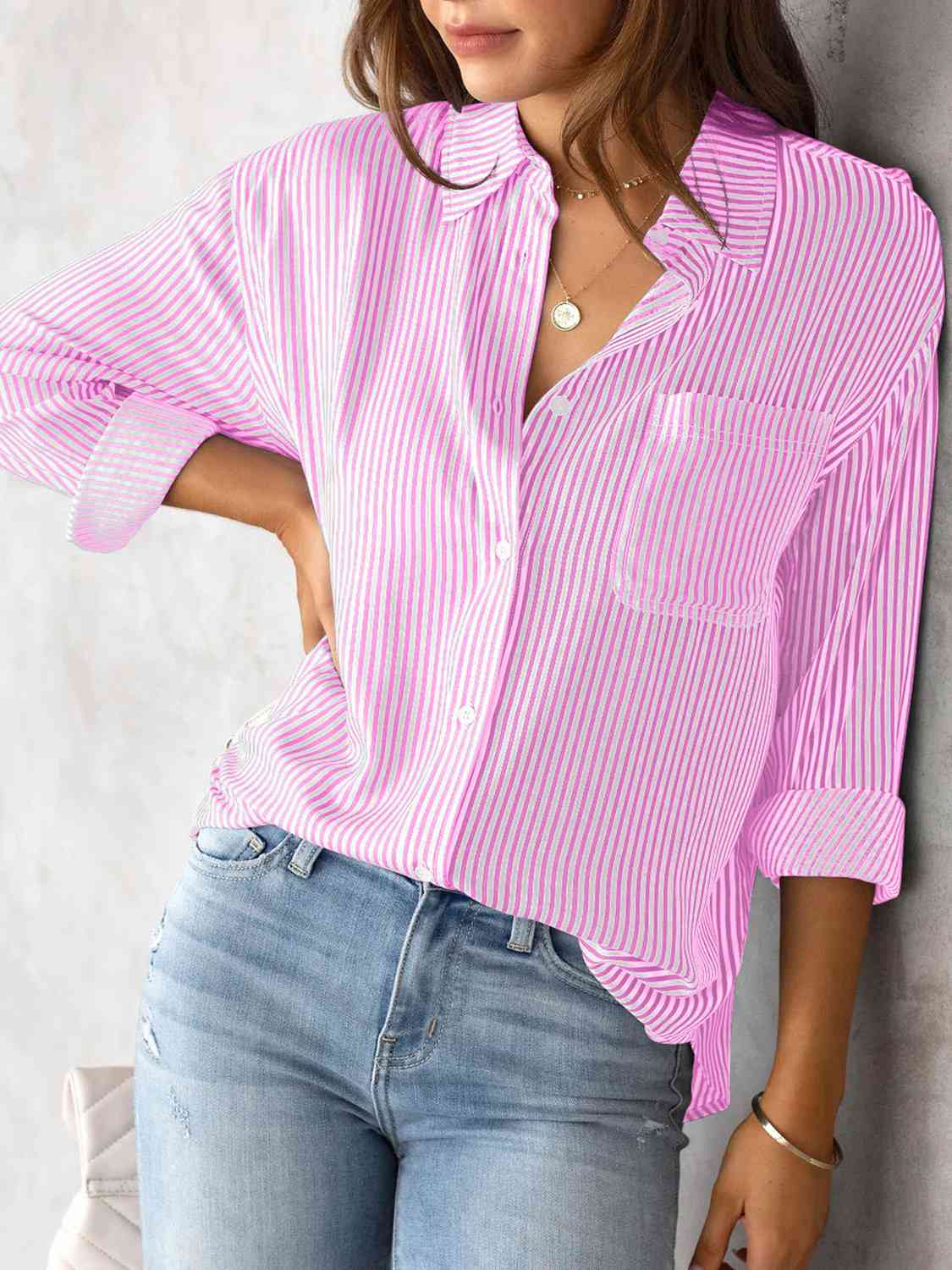 Striped Collared Neck Shirt with Pocket - Chic Innovations, LLC