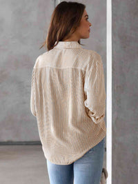 Striped Collared Neck Shirt with Pocket - Chic Innovations, LLC