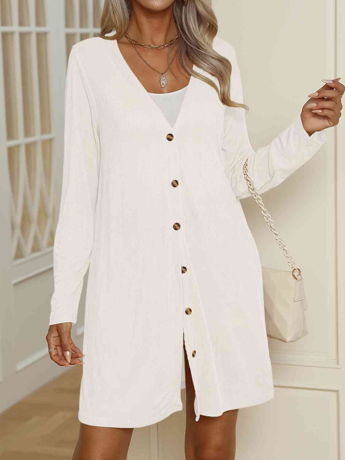 V-Neck Button Up Long Sleeve Cardigan - Chic Innovations, LLC