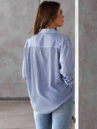 Striped Collared Neck Shirt with Pocket - Chic Innovations, LLC